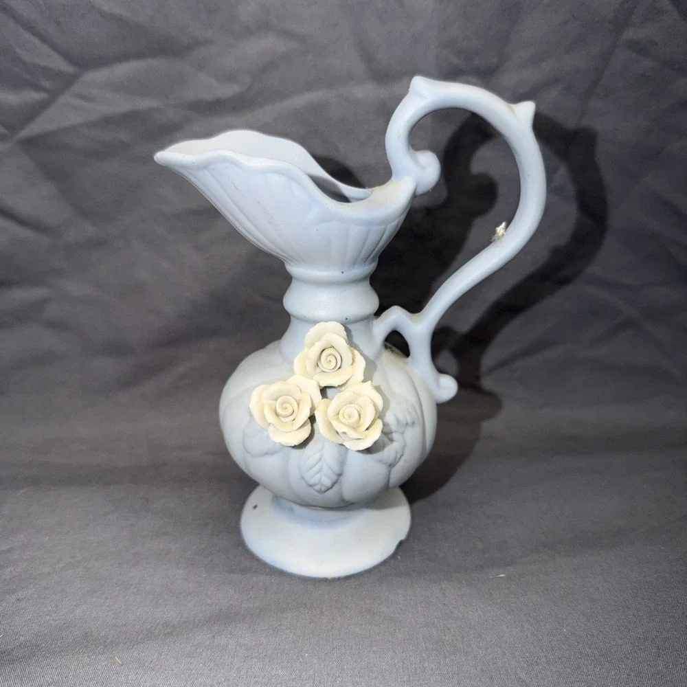 Vintage Porcelain Blue Bud   with  Raised Applied Roses and Bird